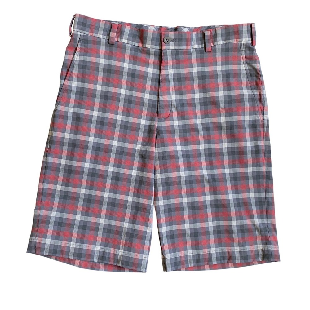 Nike Golf Mens Dri-Fit Gray Red Plaid Chino Bermuda Shorts Size 32/34 Poly Blend